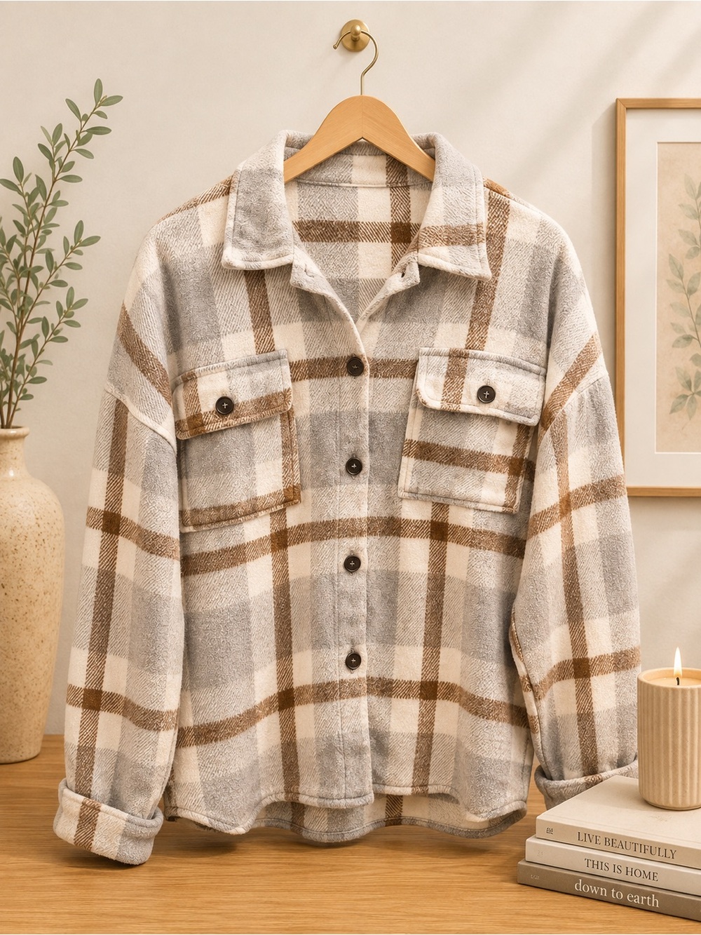 Plaid Button-Front Shacket Jacket in Cream & Brown